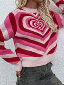 Women's sweater knitted creative stripes, heart shape round neck elegant