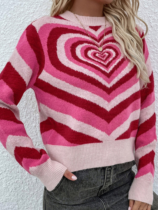 Women's sweater knitted creative stripes, heart shape round neck elegant