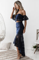 Women's Set two piece lace, strapless, cropped top with trapeze skirt