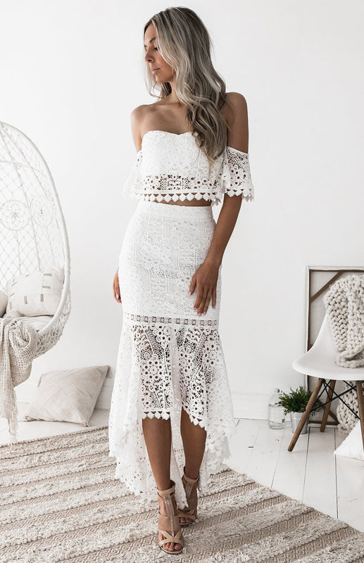 Women's Set two piece lace, strapless, cropped top with trapeze skirt