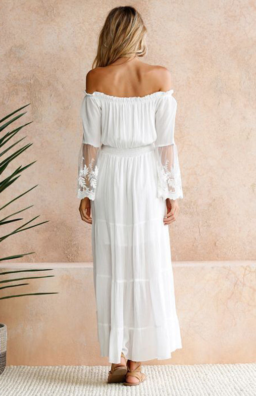 Women's Dress Maxi Bohemian White Lace Flare Boat Neck Sexy Long Dress