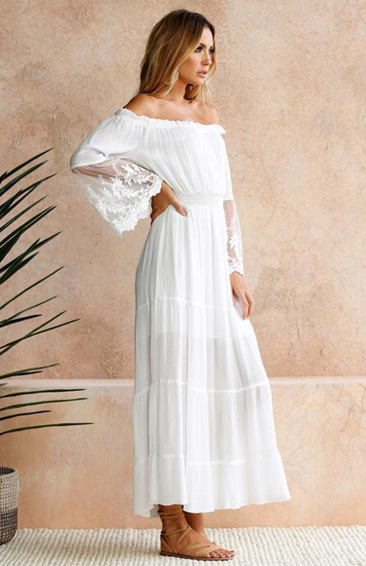 Women's Dress Maxi Bohemian White Lace Flare Boat Neck Sexy Long Dress