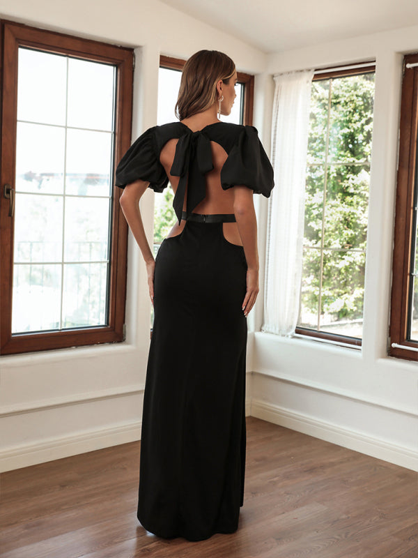 Women's evening dress backless sexy elegant  puffed sleeves