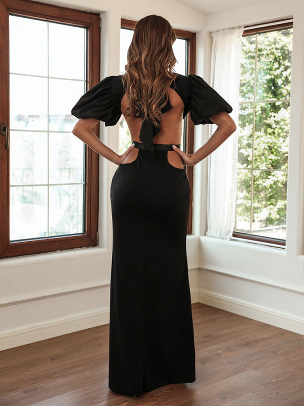 Women's evening dress backless sexy elegant  puffed sleeves