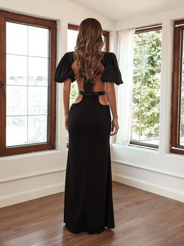 Women's evening dress backless sexy elegant  puffed sleeves