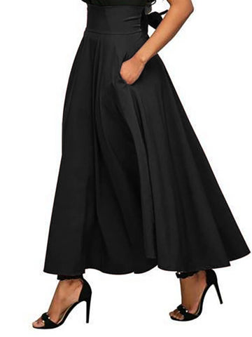Women's Skirt long flared elegant with bow tie, high waist, casual