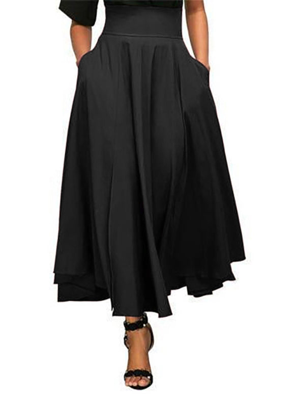 Women's Skirt long flared elegant with bow tie, high waist, casual