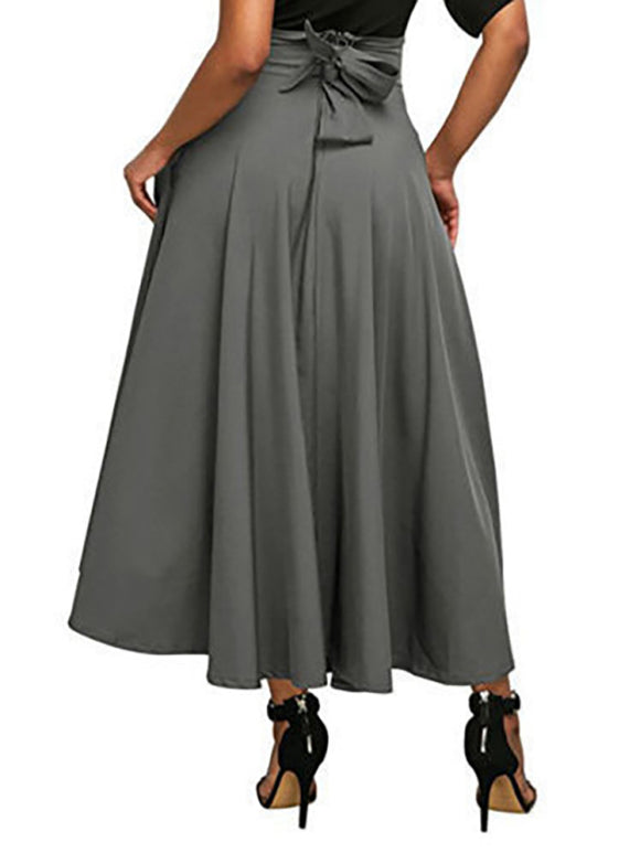 Women's Skirt long flared elegant with bow tie, high waist, casual