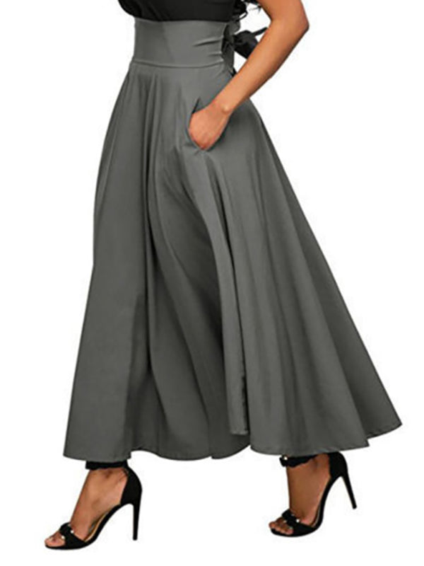 Women's Skirt long flared elegant with bow tie, high waist, casual