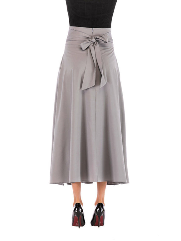 Women's Skirt long flared elegant with bow tie, high waist, casual
