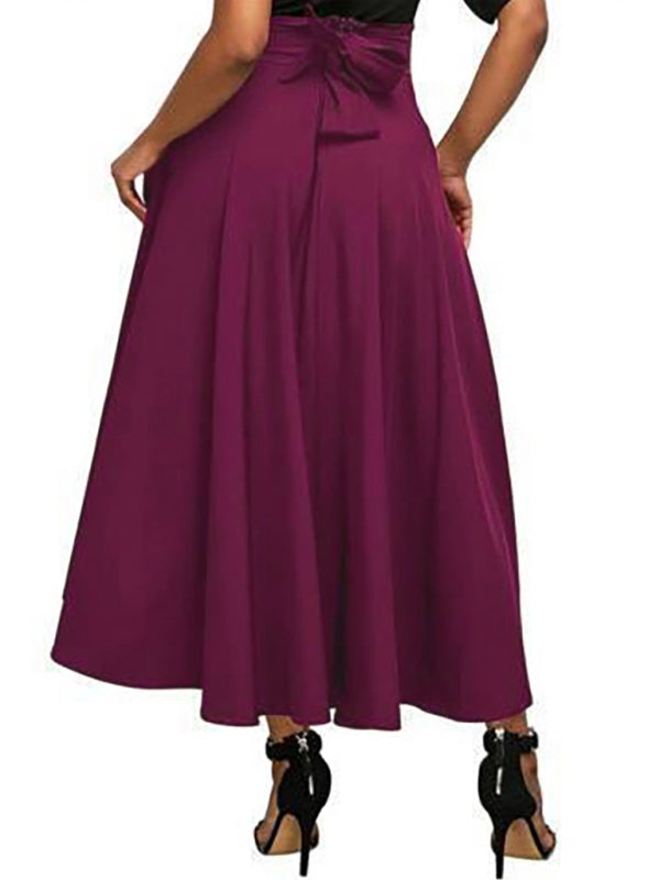 Women's Skirt long flared elegant with bow tie, high waist, casual