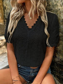 Women's Shirt flared lace elegant, V-neck embroidery solid color-19