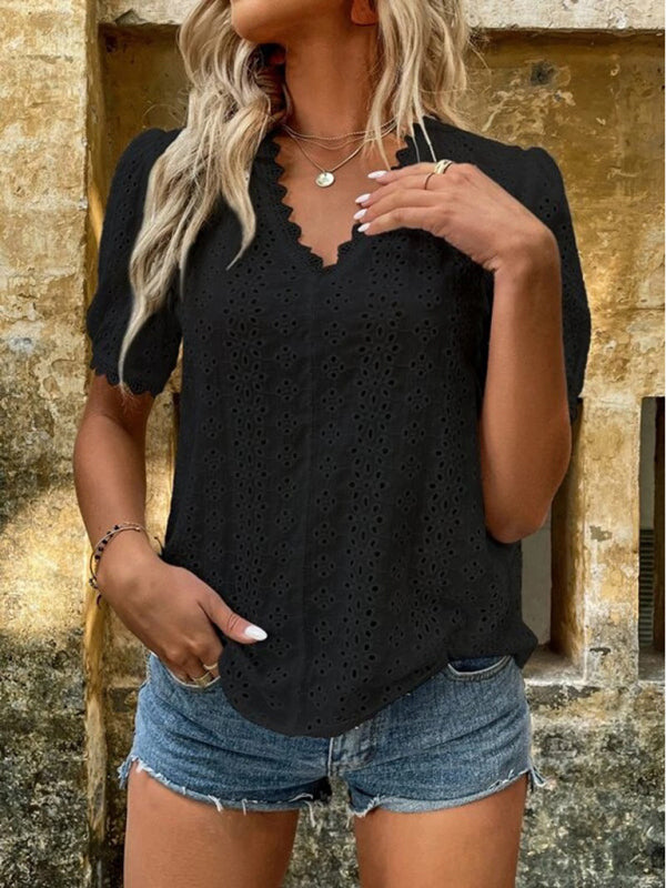 Women's Shirt flared lace elegant, V-neck embroidery solid color