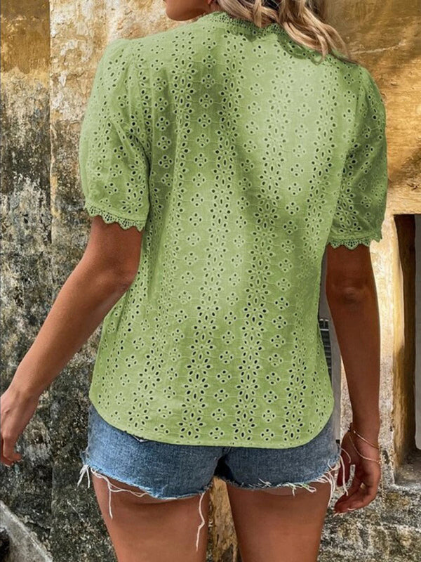 Chemise femme évasée en dentelle élégante, col V broderie couleur unie