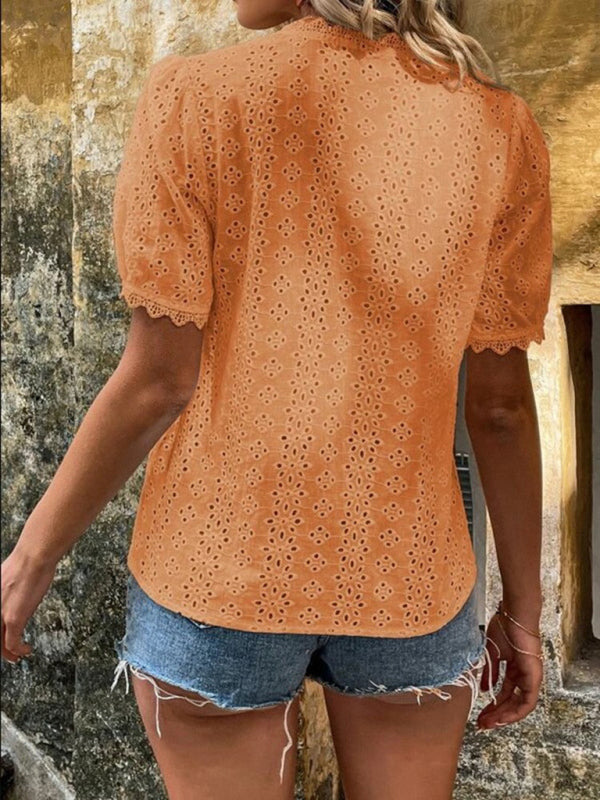 Women's Shirt flared lace elegant, V-neck embroidery solid color