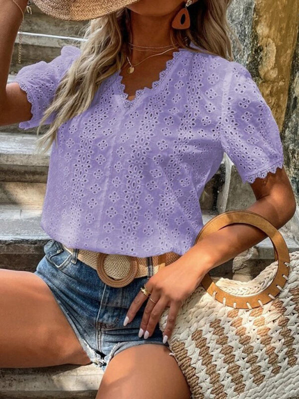 Camisa de mujer con encaje elegante, escote en V bordado color liso