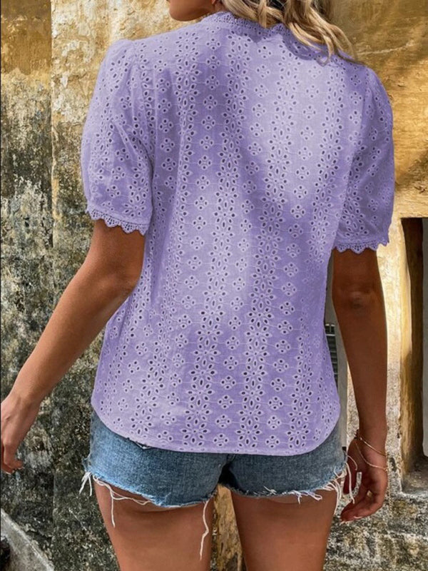 Women's Shirt flared lace elegant, V-neck embroidery solid color