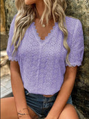 Women's Shirt flared lace elegant, V-neck embroidery solid color