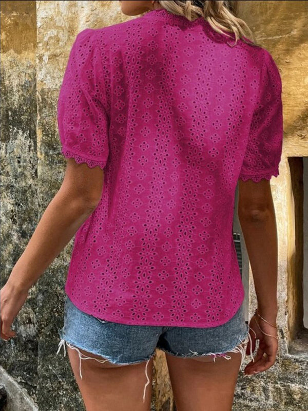 Camisa de mujer con encaje elegante, escote en V bordado color liso