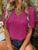 Women's Shirt flared lace elegant, V-neck embroidery solid color-22
