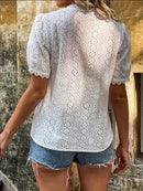 Women's Shirt flared lace elegant, V-neck embroidery solid color