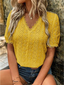 Women's Shirt flared lace elegant, V-neck embroidery solid color