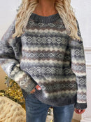 Women's sweater knitted striped patterns elegant, long sleeves and round neck