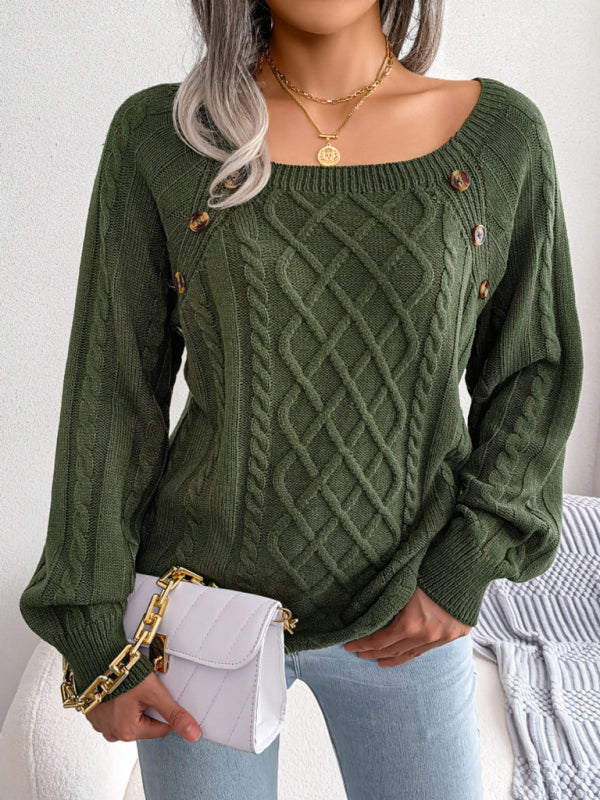 Women's sweater knitted twisted buttoned square collar elegant