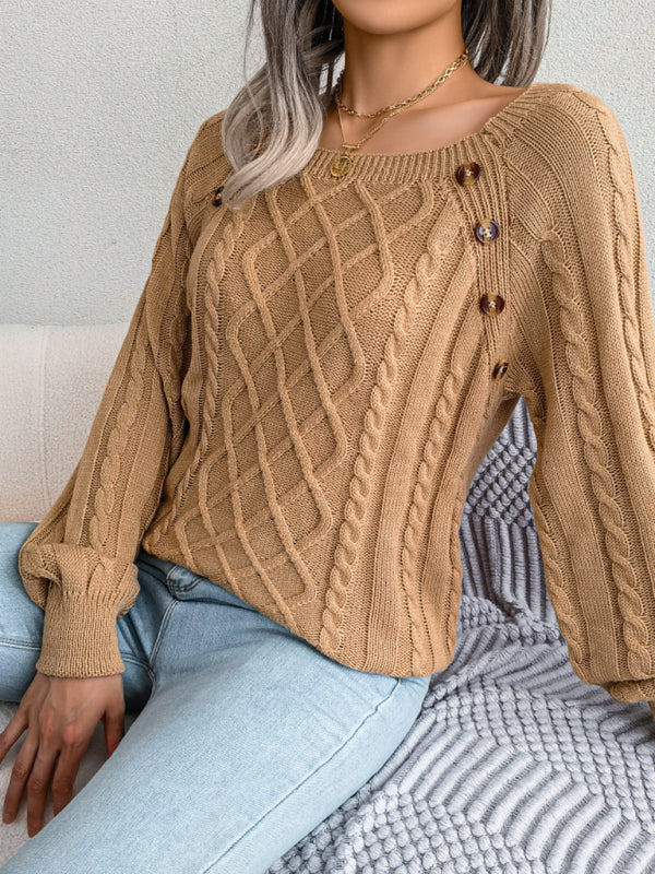 Women's sweater knitted twisted buttoned square collar elegant