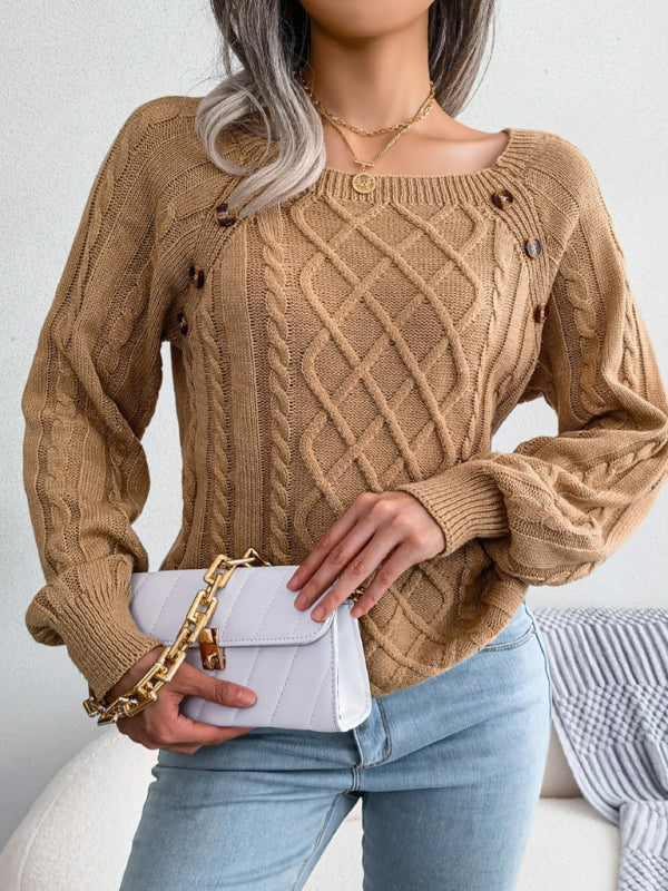 Women's sweater knitted twisted buttoned square collar elegant