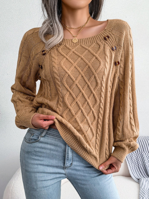 Women's sweater knitted twisted buttoned square collar elegant