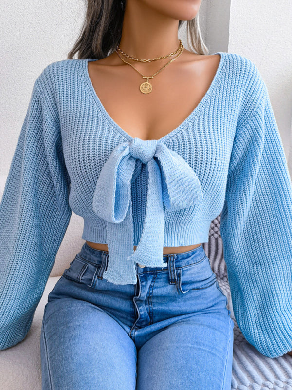 Women's sweater long sleeve bow elegant  sexy crop top, V neck