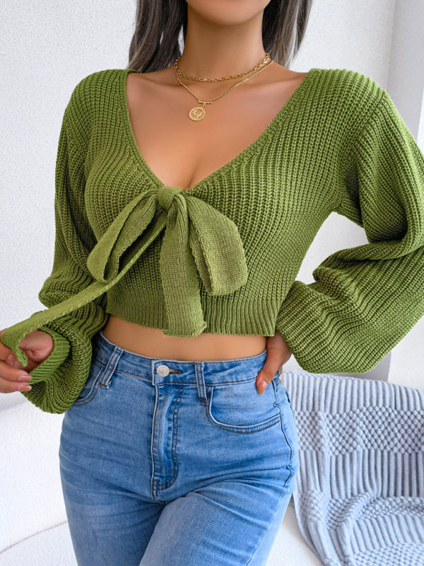 Pull femme manches longues noeud élégant sexy crop top, col V