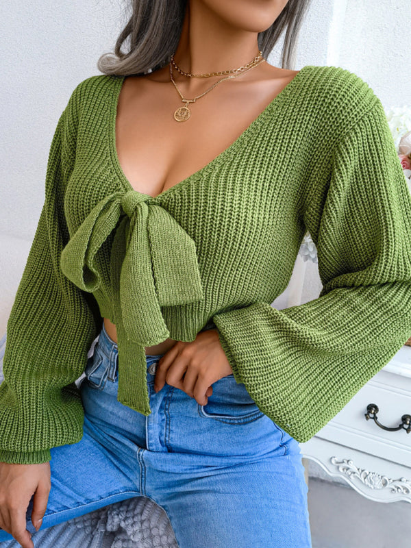 Women's sweater long sleeve bow elegant  sexy crop top, V neck