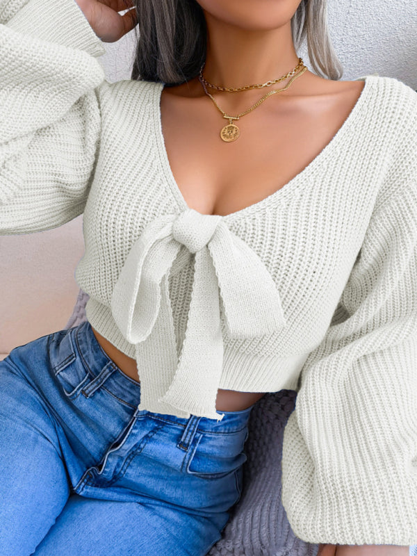 Women's sweater long sleeve bow elegant  sexy crop top, V neck