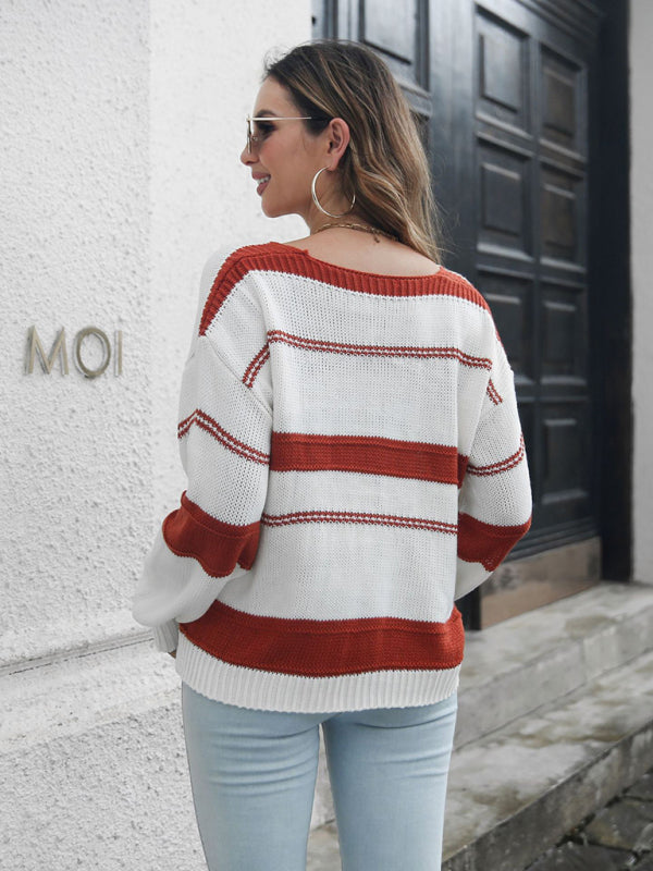 Women's Sweater knitted striped drop shoulder elegant, V neck