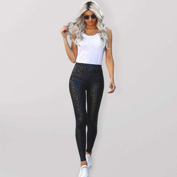 Women's Leggings High Waist Black Leopard, textured Stretch