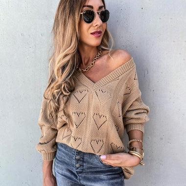 Women's sweater knitted V-neck with vibrant heart pattern, long sleeve