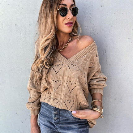 Women's sweater knitted V-neck with vibrant heart pattern, long sleeve