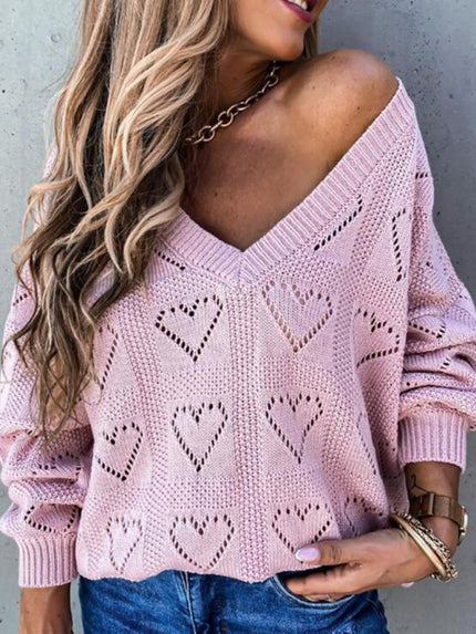 Women's sweater knitted V-neck with vibrant heart pattern, long sleeve