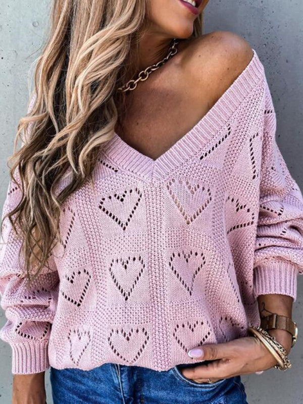 Women's sweater knitted V-neck with vibrant heart pattern, long sleeve