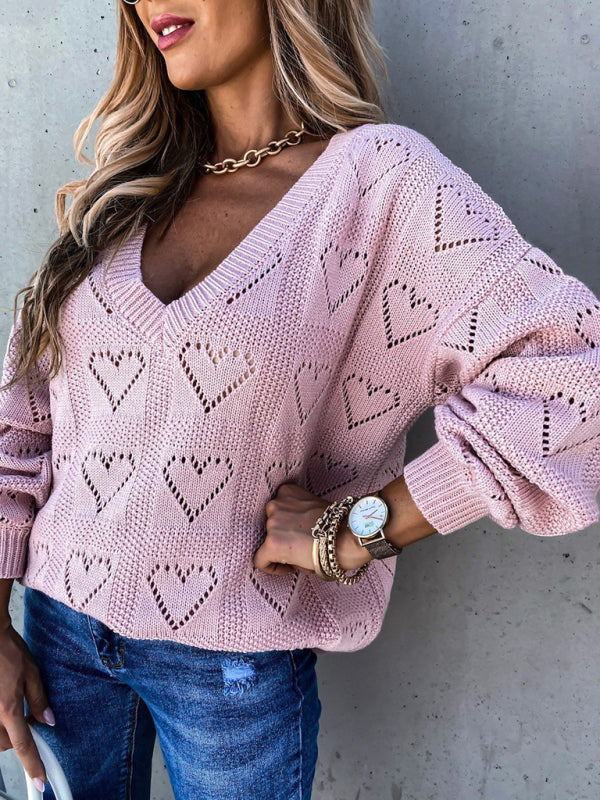 Women's sweater knitted V-neck with vibrant heart pattern, long sleeve