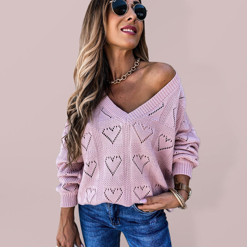 Women's sweater knitted V-neck with vibrant heart pattern, long sleeve