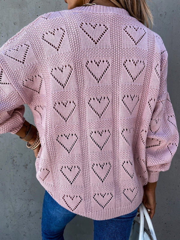 Women's sweater knitted V-neck with vibrant heart pattern, long sleeve