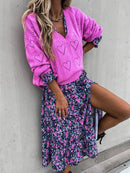 Women's sweater knitted V-neck with vibrant heart pattern, long sleeve