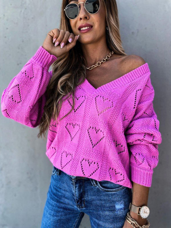 Women's sweater knitted V-neck with vibrant heart pattern, long sleeve