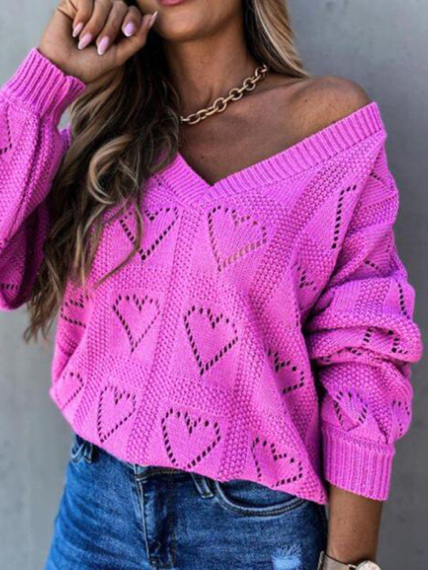 Women's sweater knitted V-neck with vibrant heart pattern, long sleeve