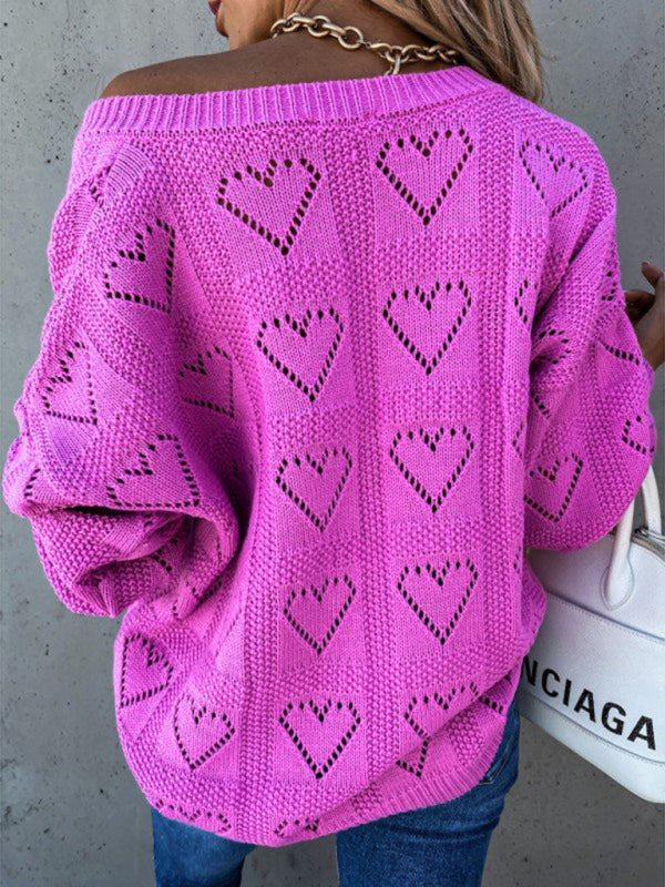 Women's sweater knitted V-neck with vibrant heart pattern, long sleeve