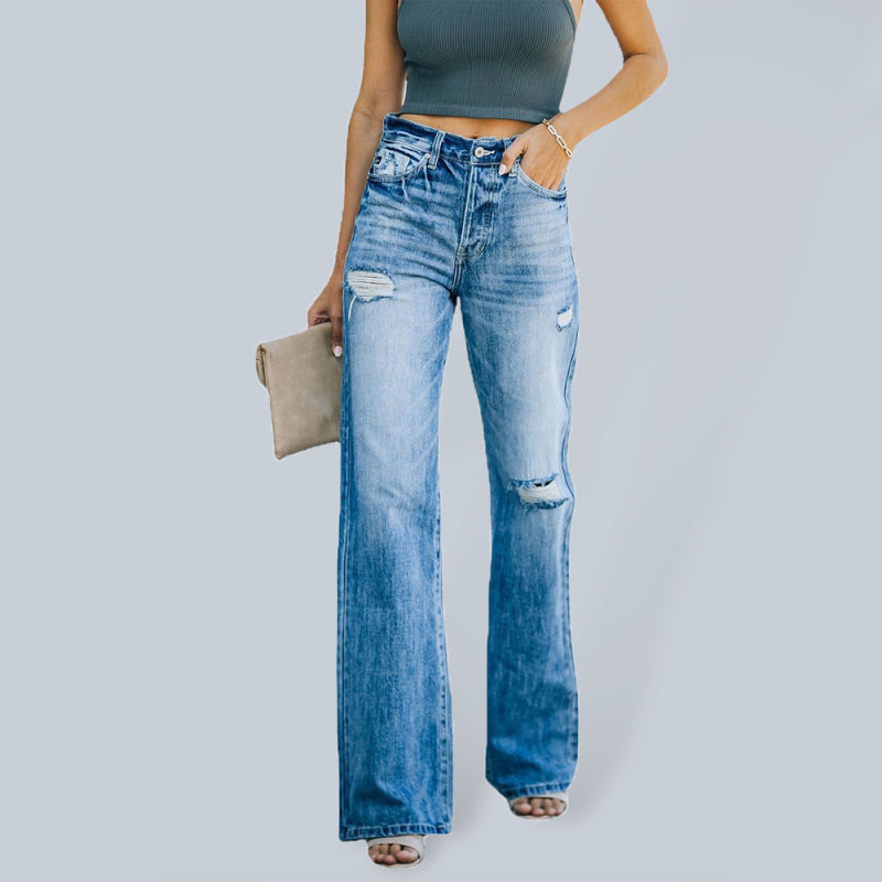 Women's pants denim ripped flared elegant, high waist casual