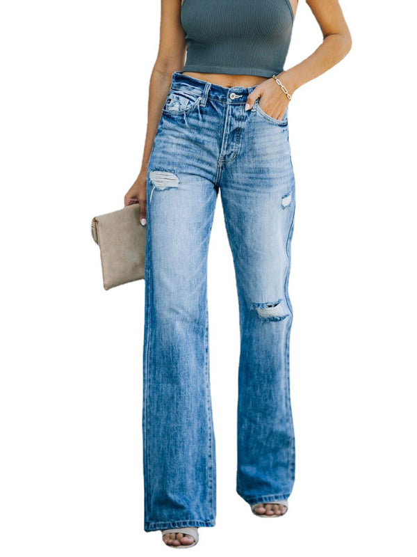 Women's pants denim ripped flared elegant, high waist casual